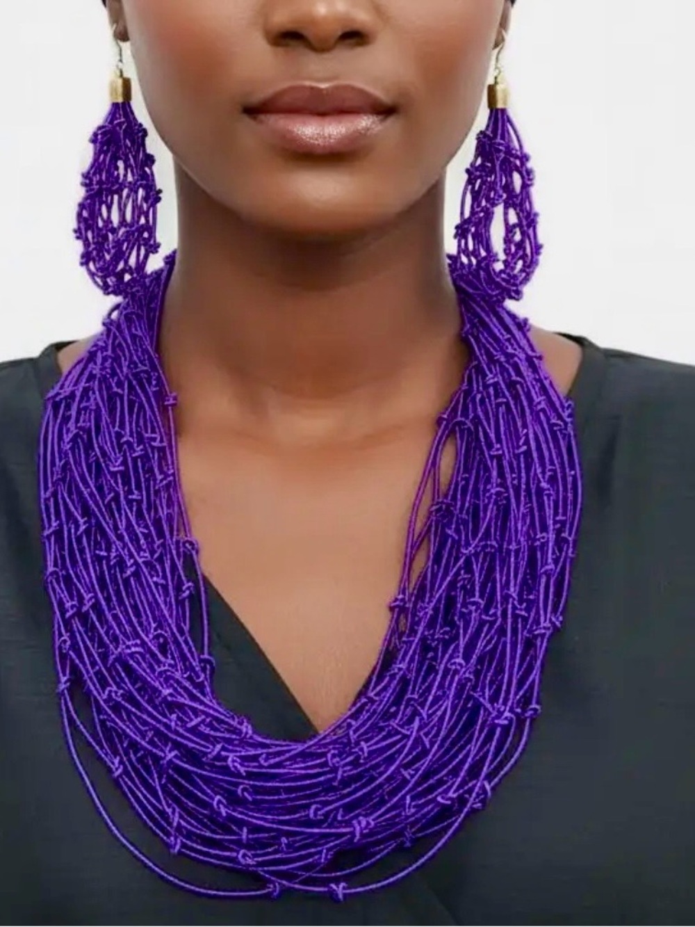 Purple Multi-Strand Beaded Necklace and Earrings Set